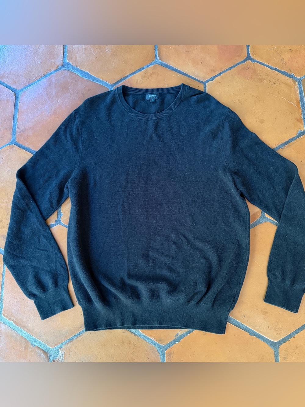 J Crew Cotton Crewneck Sweater Mens L Black Garter Stitch Preppy Minimalist - Picture 2 of 7